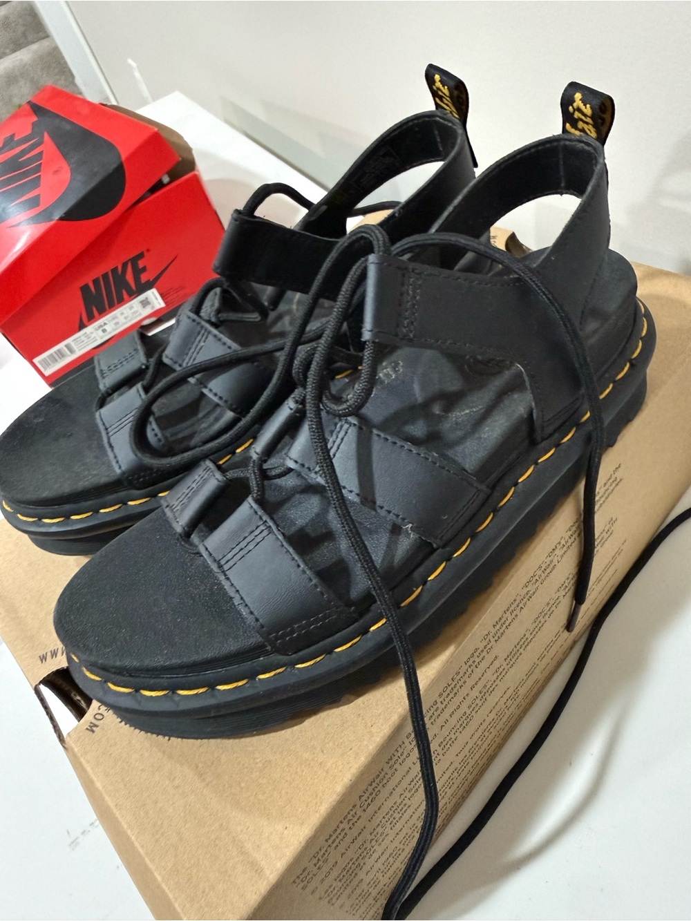 Dr. Martens Black Leather Platform Sandals with Yellow Stitching - Picture 6 of 7